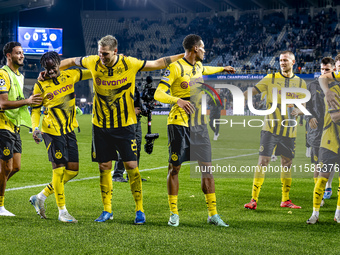 Players of Borussia Dortmund celebrate the victory after the game during the match Club Brugge - Borussia Dortmund at the Jan Breydelstadion...