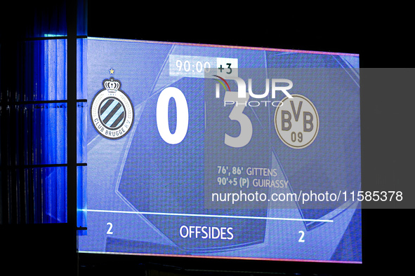 The scoreboard shows 0-3 during the match between Club Brugge and Borussia Dortmund at the Jan Breydelstadion for the Champions League, Leag...