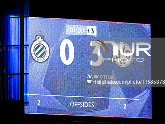 The scoreboard shows 0-3 during the match between Club Brugge and Borussia Dortmund at the Jan Breydelstadion for the Champions League, Leag...