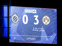 The scoreboard shows 0-3 during the match between Club Brugge and Borussia Dortmund at the Jan Breydelstadion for the Champions League, Leag...