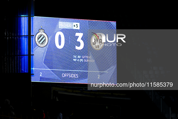 The scoreboard shows 0-3 during the match between Club Brugge and Borussia Dortmund at the Jan Breydelstadion for the Champions League, Leag...