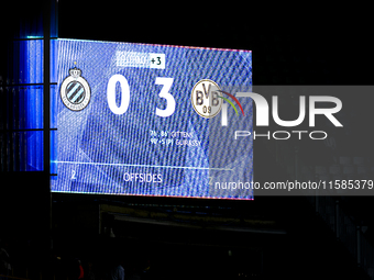 The scoreboard shows 0-3 during the match between Club Brugge and Borussia Dortmund at the Jan Breydelstadion for the Champions League, Leag...