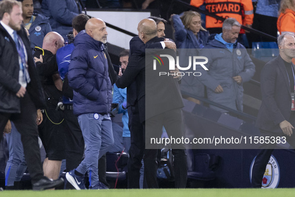 Inter Milan manager Simone Inzaghi and Manchester City F.C. manager Pep Guardiola at full time during the UEFA Champions League League Stage...