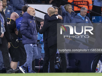 Inter Milan manager Simone Inzaghi and Manchester City F.C. manager Pep Guardiola at full time during the UEFA Champions League League Stage...