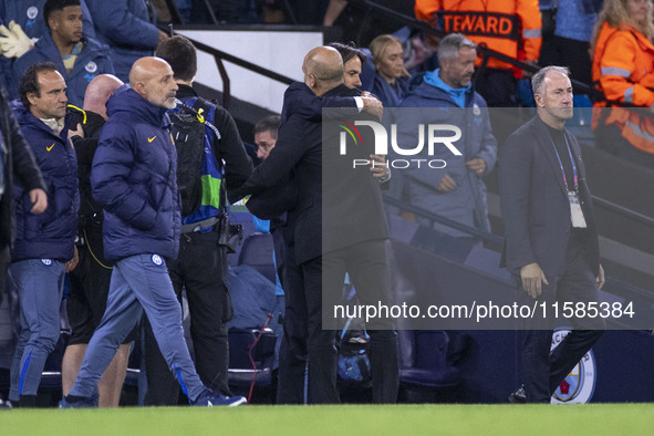 Inter Milan manager Simone Inzaghi and Manchester City F.C. manager Pep Guardiola at full time during the UEFA Champions League League Stage...