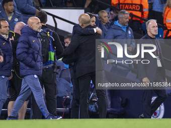 Inter Milan manager Simone Inzaghi and Manchester City F.C. manager Pep Guardiola at full time during the UEFA Champions League League Stage...