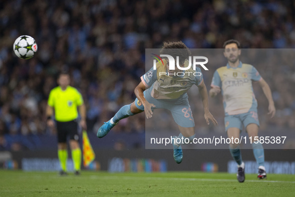 Rico Lewis #82 of Manchester City F.C. during the UEFA Champions League League Stage match between Manchester City and Football Club Interna...