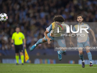 Rico Lewis #82 of Manchester City F.C. during the UEFA Champions League League Stage match between Manchester City and Football Club Interna...