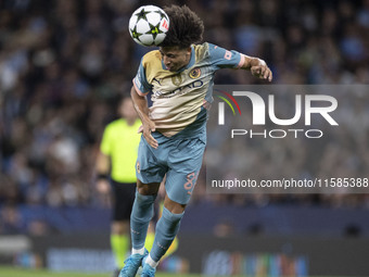 Rico Lewis #82 of Manchester City F.C. during the UEFA Champions League League Stage match between Manchester City and Football Club Interna...