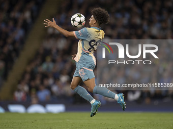 Rico Lewis #82 of Manchester City F.C. during the UEFA Champions League League Stage match between Manchester City and Football Club Interna...