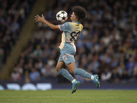 Rico Lewis #82 of Manchester City F.C. during the UEFA Champions League League Stage match between Manchester City and Football Club Interna...