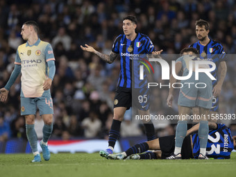 Alessandro Bastoni #95 of Inter Milan gesticulates during the UEFA Champions League League Stage match between Manchester City and Football...