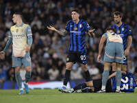 Alessandro Bastoni #95 of Inter Milan gesticulates during the UEFA Champions League League Stage match between Manchester City and Football...