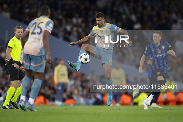 Rodri #16 of Manchester City F.C. during the UEFA Champions League Group Stage match between Manchester City and Football Club Internazional...