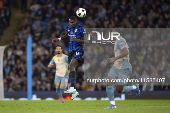 Marcus Thuram #9 of Inter Milan during the UEFA Champions League League Stage match between Manchester City and Football Club Internazionale...