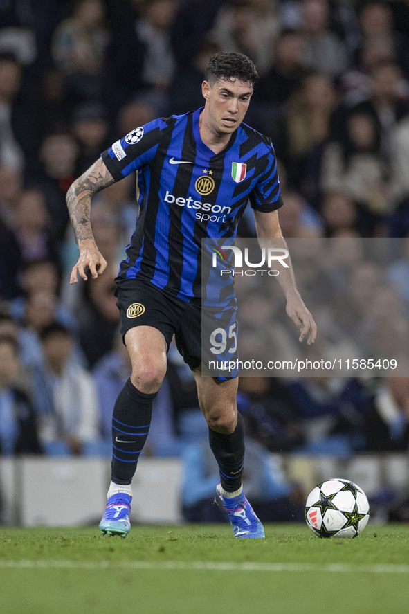 Alessandro Bastoni #95 of Inter Milan during the UEFA Champions League Group Stage match between Manchester City and Football Club Internazi...