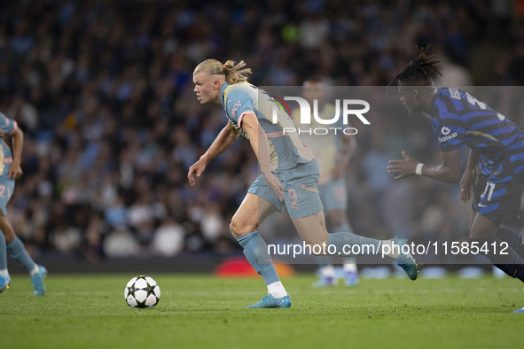 Erling Haaland #9 of Manchester City F.C. during the UEFA Champions League League Stage match between Manchester City and Football Club Inte...