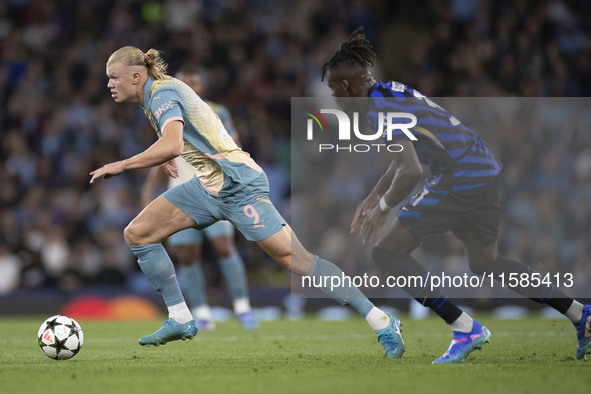 Erling Haaland #9 of Manchester City F.C. during the UEFA Champions League League Stage match between Manchester City and Football Club Inte...