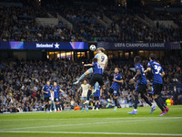 Erling Haaland #9 of Manchester City F.C. heads the ball during the UEFA Champions League League Stage match between Manchester City and Foo...