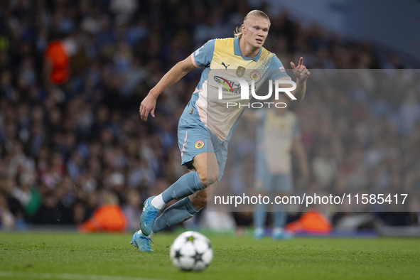 Erling Haaland #9 of Manchester City F.C. during the UEFA Champions League League Stage match between Manchester City and Football Club Inte...