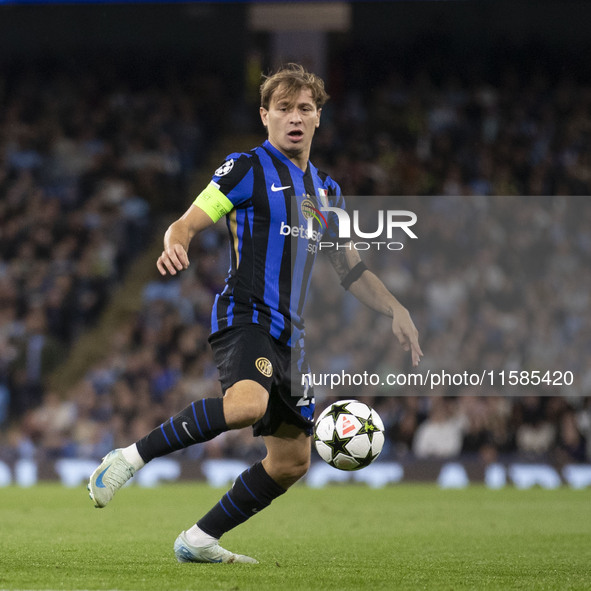 Nicolo Barella #23 of Inter Milan during the UEFA Champions League Group Stage match between Manchester City and Football Club Internazional...