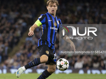 Nicolo Barella #23 of Inter Milan during the UEFA Champions League Group Stage match between Manchester City and Football Club Internazional...