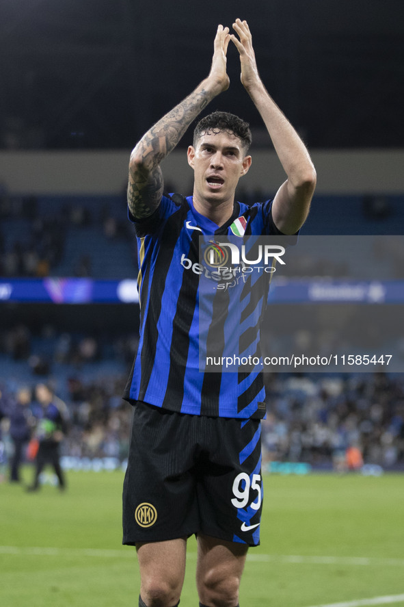 Alessandro Bastoni #95 of Inter Milan at full time during the UEFA Champions League League Stage match between Manchester City and Football...