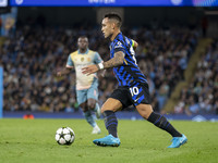 Lautaro Martinez #10 of Inter Milan during the UEFA Champions League group stage match between Manchester City and Football Club Internazion...