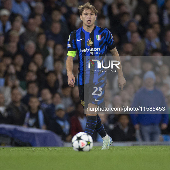 Nicolo Barella #23 of Inter Milan during the UEFA Champions League Group Stage match between Manchester City and Football Club Internazional...