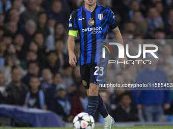 Nicolo Barella #23 of Inter Milan during the UEFA Champions League Group Stage match between Manchester City and Football Club Internazional...