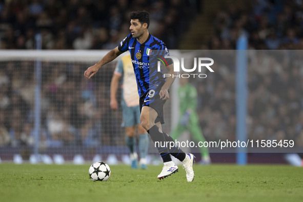 Mehdi Taremi #99 of Inter Milan during the UEFA Champions League group stage match between Manchester City and Football Club Internazionale...