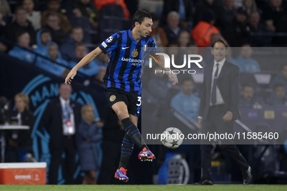 Matteo Darmian #36 of Inter Milan is in action during the UEFA Champions League Group Stage match between Manchester City and Football Club...