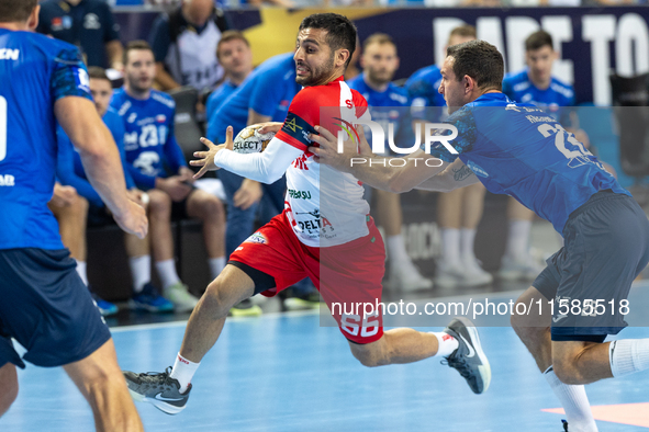 Yoav Lumbroso is playing during the  EHF Champions League Men match between  Orlen Wisla Plock and Dinamo Bucuresti in Plock, Poland on Sept...