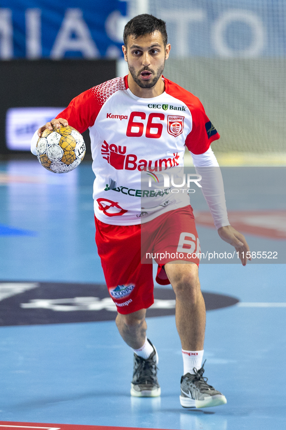 Yoav Lumbroso is playing during the  EHF Champions League Men match between  Orlen Wisla Plock and Dinamo Bucuresti in Plock, Poland on Sept...