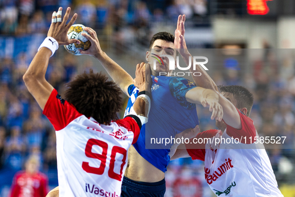 Gergo Fazekas is  playing during the  EHF Champions League Men match between  Orlen Wisla Plock and Dinamo Bucuresti in Plock, Poland on Sep...