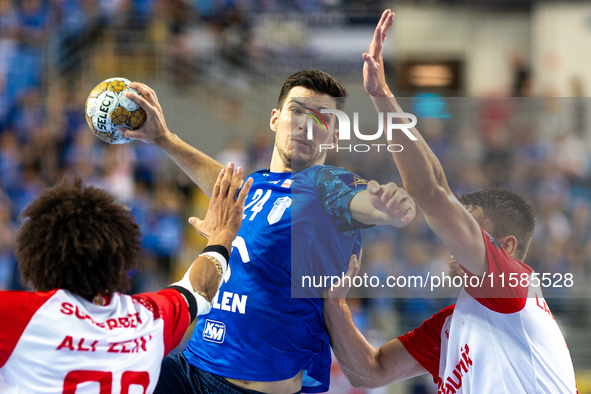 Gergo Fazekas is  playing during the  EHF Champions League Men match between  Orlen Wisla Plock and Dinamo Bucuresti in Plock, Poland on Sep...