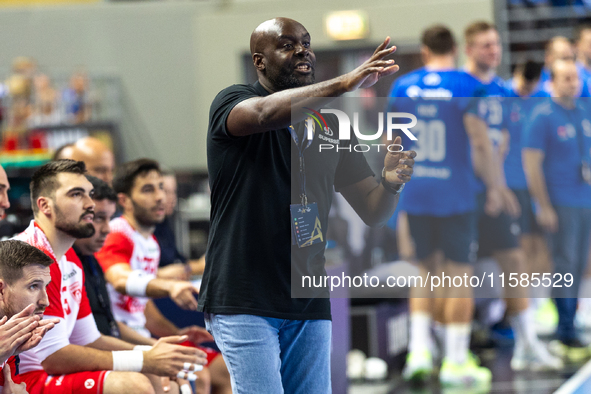 David Davis Camara is reacting  during the  EHF Champions League Men match between  Orlen Wisla Plock and Dinamo Bucuresti in Plock, Poland...