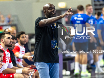 David Davis Camara is reacting  during the  EHF Champions League Men match between  Orlen Wisla Plock and Dinamo Bucuresti in Plock, Poland...