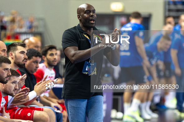 David Davis Camara is reacting  during the  EHF Champions League Men match between  Orlen Wisla Plock and Dinamo Bucuresti in Plock, Poland...