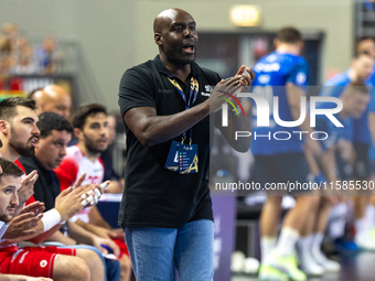 David Davis Camara is reacting  during the  EHF Champions League Men match between  Orlen Wisla Plock and Dinamo Bucuresti in Plock, Poland...