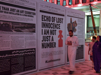 People visit the installation of teddy bears titled ''Echo of Lost Innocence'' at the Barahat Mashaireb open-air gallery to draw attention t...