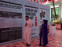 People visit the installation of teddy bears titled ''Echo of Lost Innocence'' at the Barahat Mashaireb open-air gallery to draw attention t...