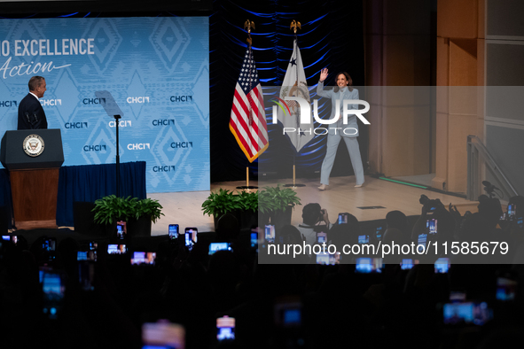 Rep. Adriano Espaillat (D-NY) introduces Vice President and Democratic presidential nominee Kamala Harris to deliver remarks at the annual c...