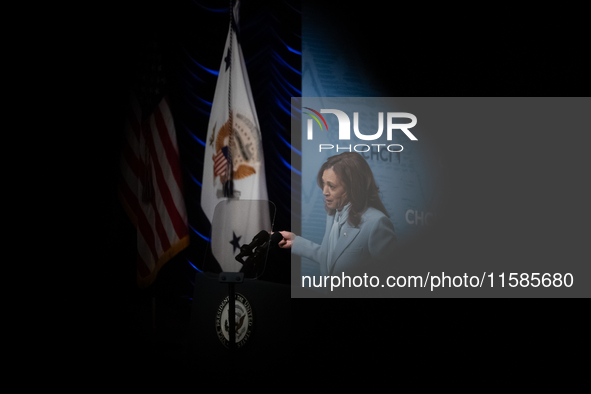 Vice President and Democratic presidential nominee Kamala Harris delivers remarks at the annual conference of the Congressional Hispanic Cau...