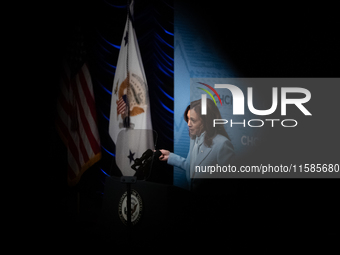 Vice President and Democratic presidential nominee Kamala Harris delivers remarks at the annual conference of the Congressional Hispanic Cau...