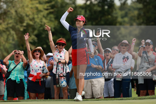 GAINESVILLE, VIRGINIA - SEPTEMBER 13: Rose Zhang of the United States reacts to her putt on the third green during Fourball Matches on Day O...