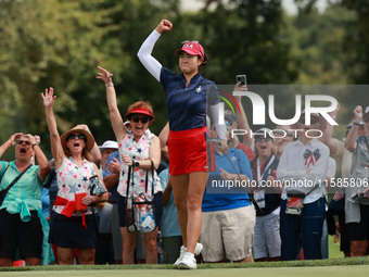 GAINESVILLE, VIRGINIA - SEPTEMBER 13: Rose Zhang of the United States reacts to her putt on the third green during Fourball Matches on Day O...