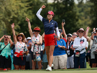 GAINESVILLE, VIRGINIA - SEPTEMBER 13: Rose Zhang of the United States reacts to her putt on the third green during Fourball Matches on Day O...