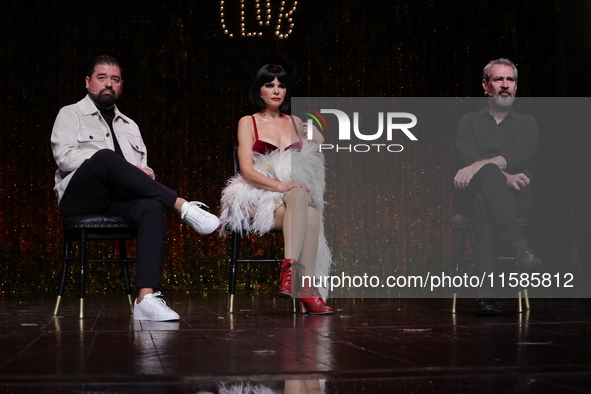 Claudio Carrera Valdes, Itati Cantoral, and Mauricio Garcia Lozano attend the press conference 'Cabaret: The Broadway Musical' to announce I...