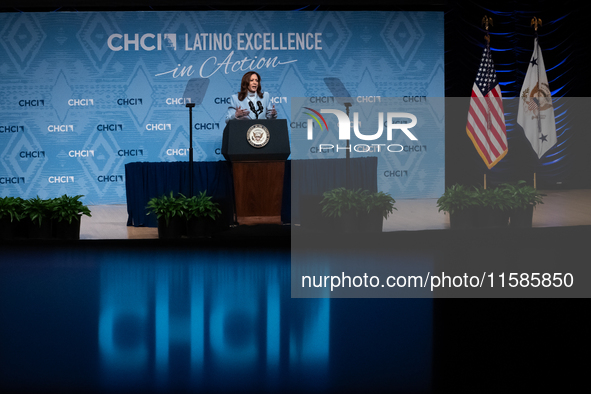 Vice President and Democratic presidential nominee Kamala Harris delivers remarks at the annual conference of the Congressional Hispanic Cau...